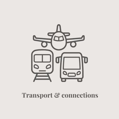 Icons of airplane, train and bus representing London transport connections.