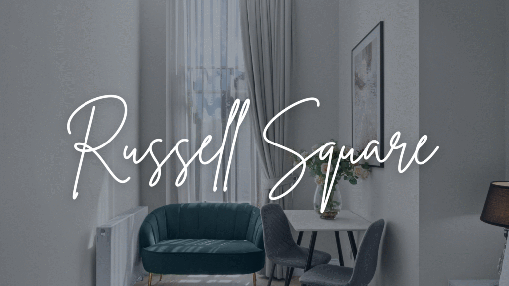 Russell Square apartment with high windows, teal loveseat and dining nook—serene central stay.