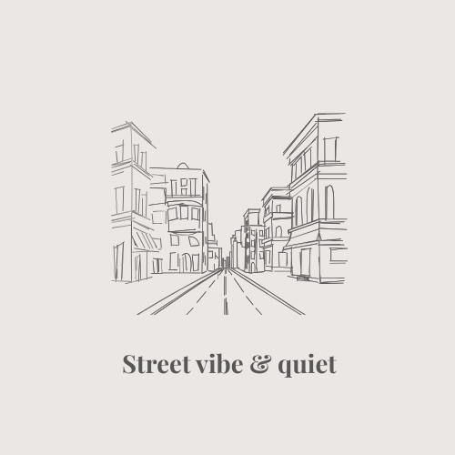 Illustrated city street showing calm neighbourhood vibe.