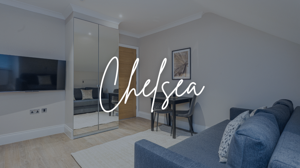 Chelsea studio apartment with mirrored wardrobe, desk and sofa—modern finishes in a stylish setting